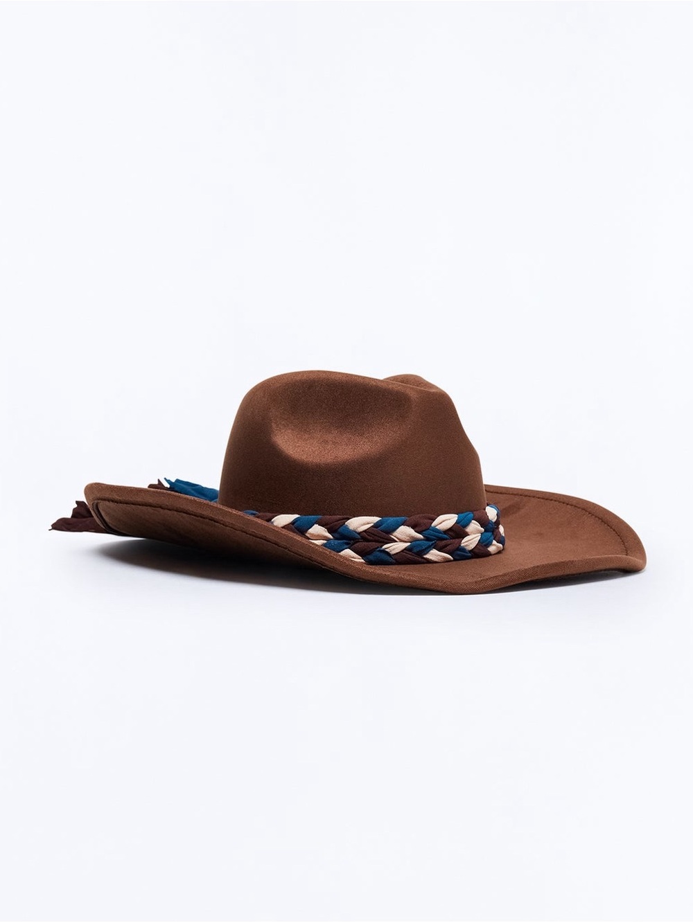 Dark Brown Cowboy Hat with Braided Blue and Cream Band